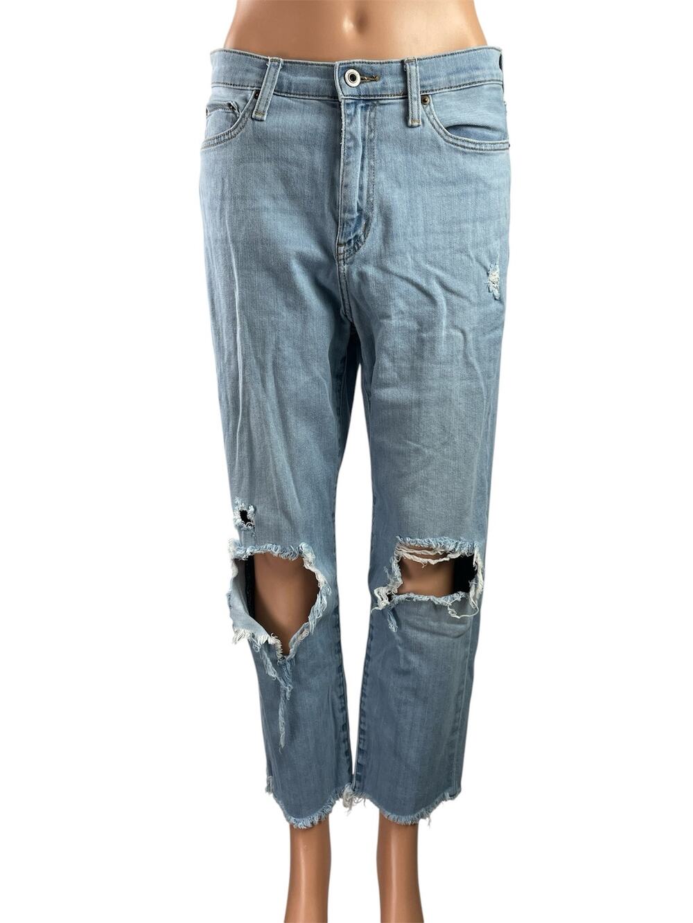 Uniqlo Women's Blue High Rise Distressed Light Wash Straight Denim Jeans Size 26